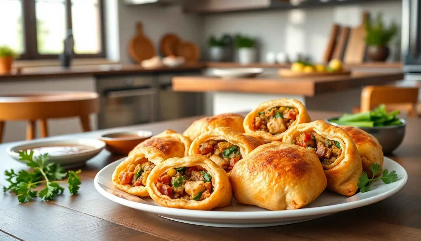 A plate of savory balkespagnolletten pastries in a modern kitchen.